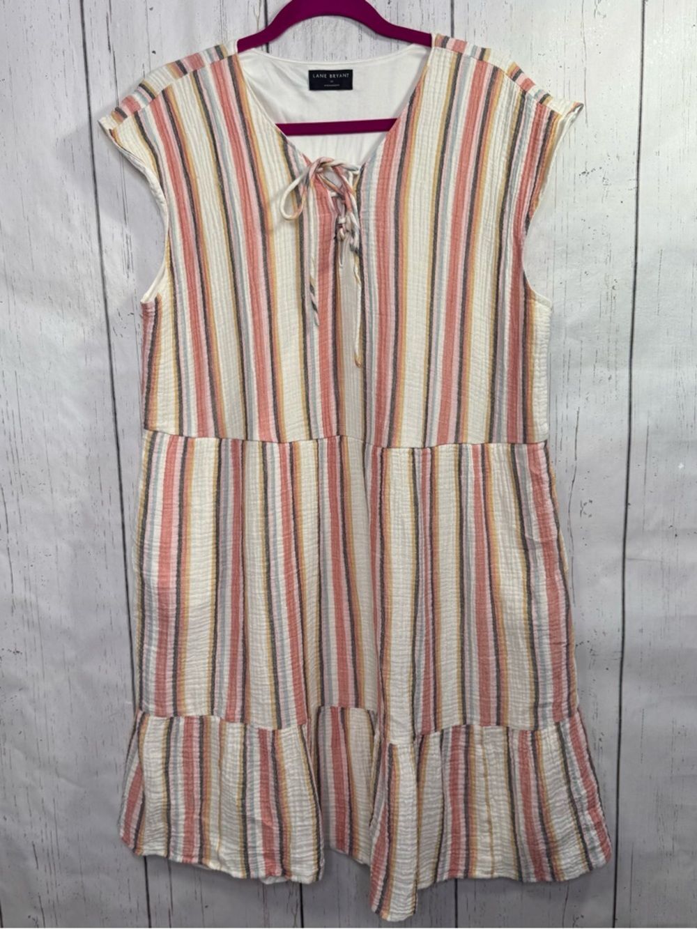 Lane Bryant Striped Cotton Crinkle Tiered Dress Boho Cottagecore Lace UP Size 14